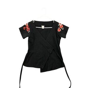 Niki Biki Womens Black Kimono Style Embroidered Wrap Top Size S Phoenix
